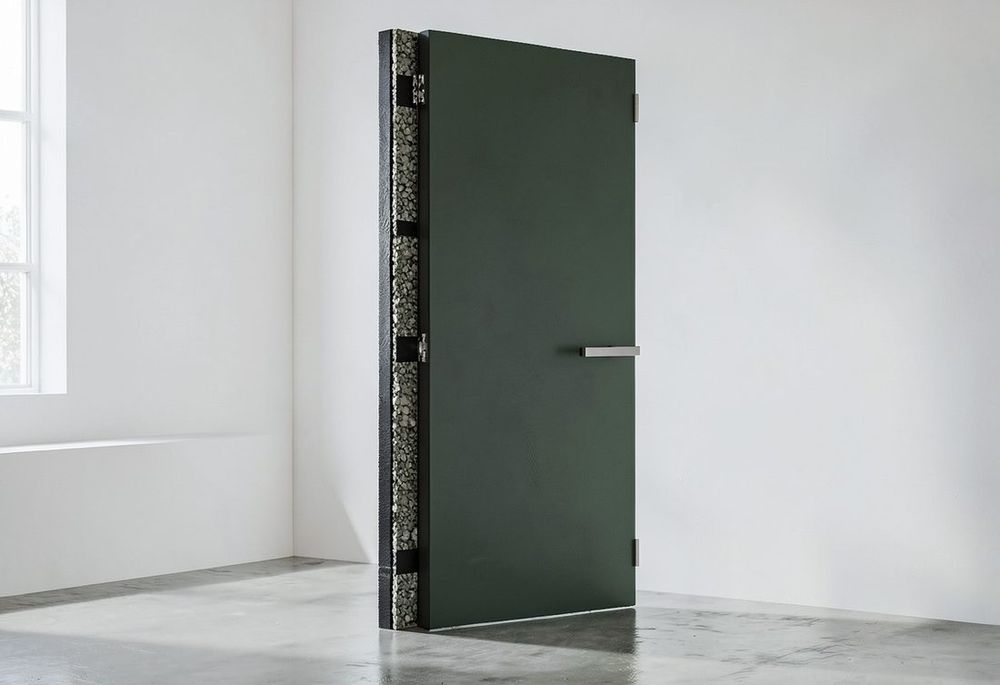 Acoustic door shown open, revealing its multi-layer core and perimeter seals
