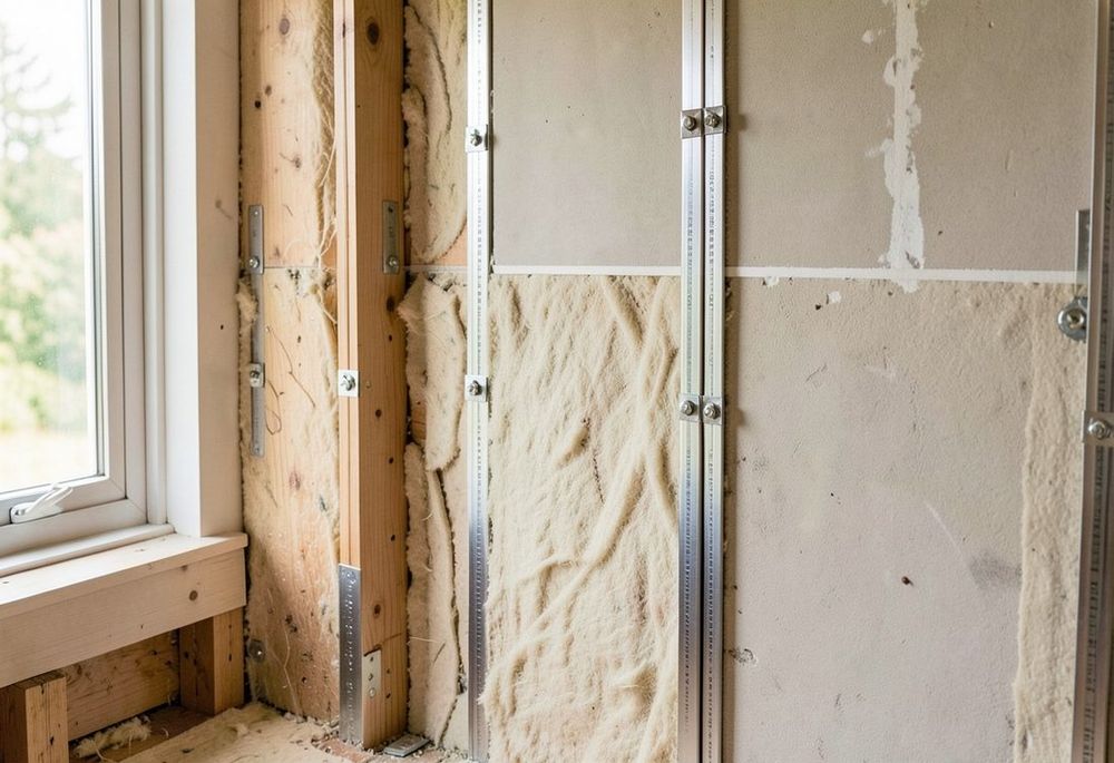 Wall soundproofing installation with resilient isolation clips, furring channels and mineral wool insulation